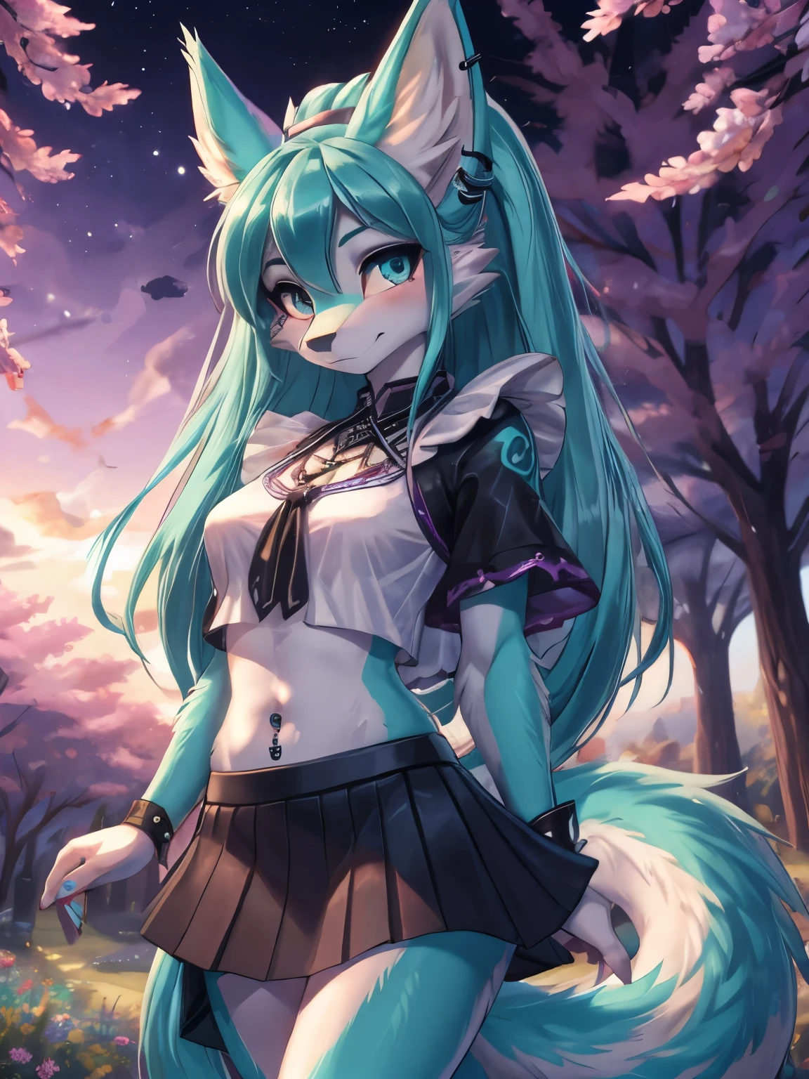 Chica anime, anime style, cute hatsune miku x suicune, shy girl , Orejas de Kitsune, arte de dark natasha, garden landscape, arte de vixen aztra, cuerpo completo, platas hermosas, cintura delgado, caderas amplias, piernas torneadas, hermosa, foto de cuerpo completo, navel blouse, black skirt, navel piercing, ear piercing, navel tattoo, most detailed and beautiful eyes, purple iris