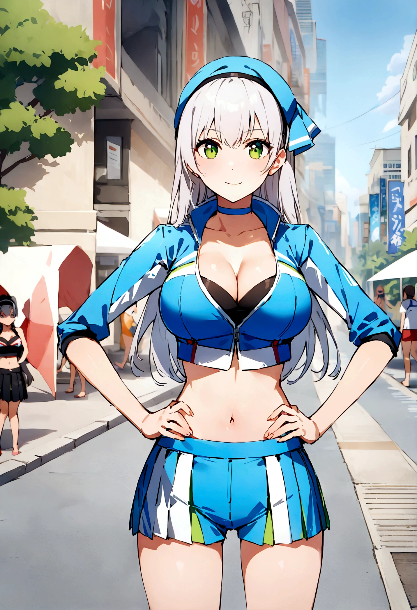 score_9, score_8_up, score_7_up,4k, ,BREAK , (from front,),standing,straight-on,hands on hips,1girl,RACEELIE,silver hair,long hair,HAIRBAND, CHOKER, BLUE HAT, BLUE JACKET, CROPPED JACKET, CLEAVAGE,large breast,, MIDRIFF, BLUE SHORTS, PLEATED SKIRT,(light smile),(daytime and beachside and city), detailed skin,,(best quality),(aesthetic,very aesthetic),sharp focus,depth of field,,