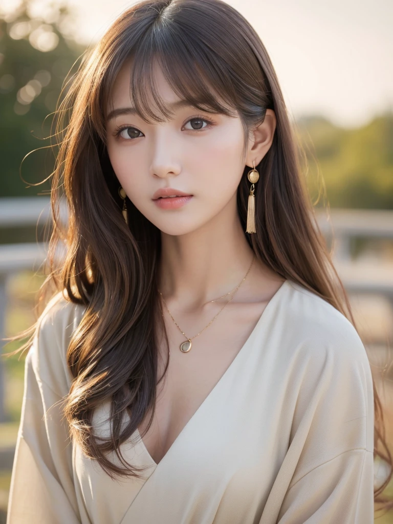  ((Highest quality, 8K, masterpiece:1.3)), concentrate: 1.2, Perfect body beauty: 1.4, Hips: 1.2, ((Long Hair, chest: 1.2)), (Dry clothes: 1.1) , (clear, Simple Background:1.3), Simple clothes: 1.1, Highly detailed face and skin texture,Delicate eyes, double eyelid, Whitened skin, Rough skin、Long Hair、Earrings with bangs、necklace、 solo、Beige coat、White shirt,  (((Beautiful girl with cute Japan)))、  ((Beautiful Japanese girl 20 years old))、 ((Baby Face))、 (((Slender body)))、  Upper Body，Face focus、necklace，Simple Background，From above， Realistic Hair、 A photograph was taken:Canon EOS R6、135mm、1/1250 seconds、f2.8、ISO400、(Detailed explanation of the hand)、(Masseter muscle area)、(Exquisite CG)、Long Hair, loose and curly hair、Korean Hair、Long Hair明るいベージュ色、グラデーションハイライトグレージュのゆるふわLong Hairスタイル、