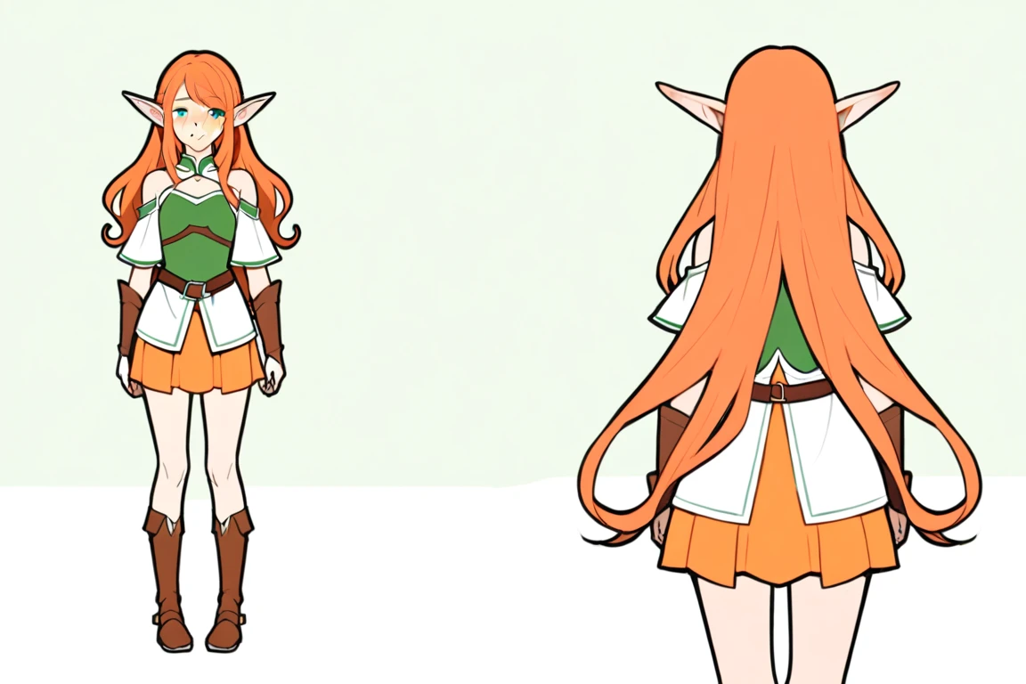 (The same character,front,side,back),Simple background,(whole body)girl,Orange hair,Long curly hair,Green eyes,Look ahead,Wearing armor,Freckles on the face,Elf ears,Short skirt,Equal proportions,The same clothes,有frontsideback,whole body像,Wear shoes