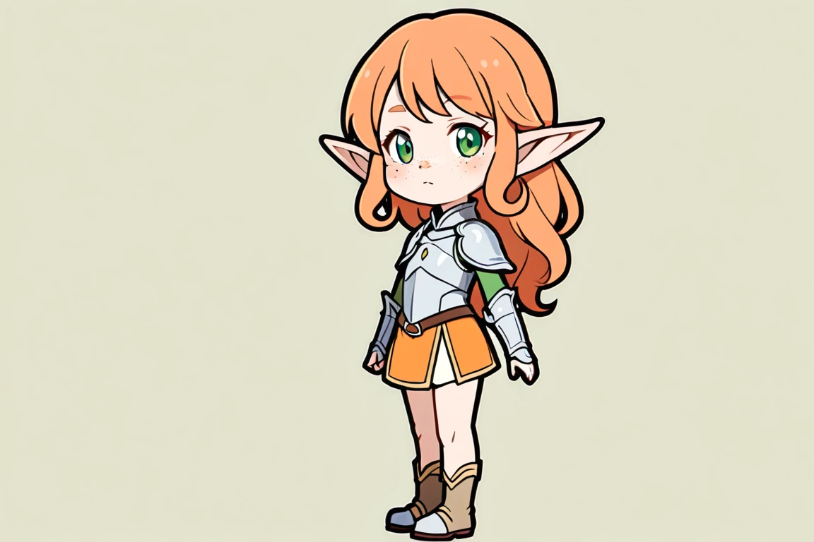 (The same character,front,side,back),Simple background,(whole body)girl,Orange hair,Long curly hair,Green eyes,Look ahead,Wearing armor,Freckles on the face,Elf ears,Short skirt,Equal proportions,The same clothes,有frontsideback,whole body像,Wear shoes