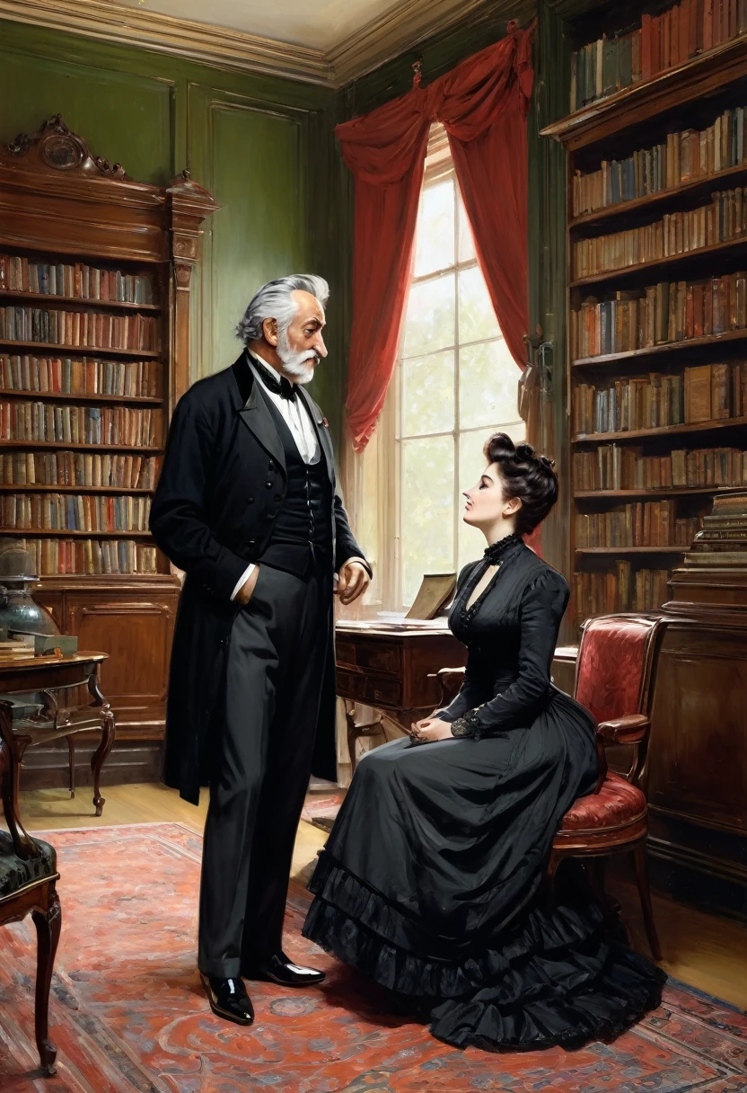 Full body view, a tall voluptuous buxom, fully figured, mature victorian widow in a black dress having a intimate conversation with a eldely grey haired gentleman in the library, by Jean Béraud, inspired by Jean Béraud, inspired by Édouard Detaille, edouard leon cortes, inspired by Ivan Kramskoi, inspired by Jean-Louis-Ernest Meissonier, by Édouard Detaille, inspired by Paul Émile Chabas