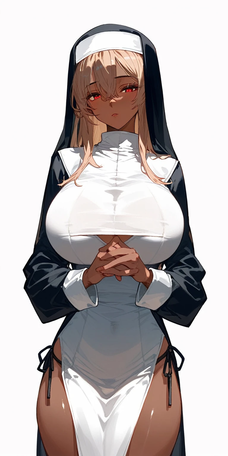 (score_9,score_8_up,score_7_up,score_6_up,score_5_up,score_4_up),1girl,solo, dark skin, half closed eyes, red eyes, looking at viewer, very huge breast, nun uniform, curvy, Pelvic Curtain, side-tie panties, thigh, thick, blue sky, depth of field, masterpiece, best quality, realistic light and shadow, high key lighting, (balanced photo, balanced exposure), view from front, thigh to head,