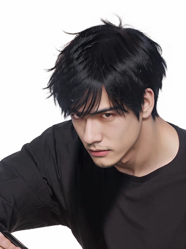 Chico de anime con cabello ????? y una camisa negra sosteniendo un cuchillo, anime portrait of un hombre guapo, hombre guapo animado, anime semi realista, un hombre guapo，pelo corto ?????, shigenori soejima illustration, estilo anime masculino, hecho con estudio de pintor anime, personaje de anime masculino, kentaro miura manga art style, estilo de realismo anime, arte detallado del personaje de anime