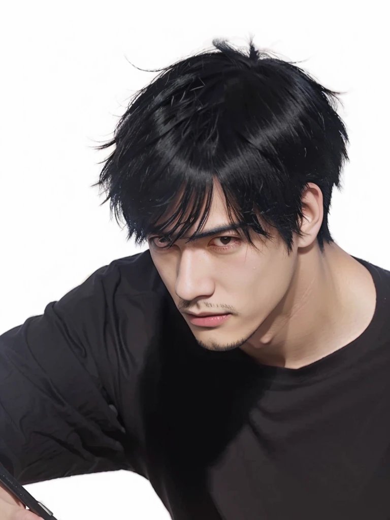 Chico de anime con cabello negro y una camisa negra sosteniendo un cuchillo, anime portrait of un hombre guapo, hombre guapo animado, anime semi realista, un hombre guapo，pelo corto negro, shigenori soejima illustration, estilo anime masculino, hecho con estudio de pintor anime, personaje de anime masculino, kentaro miura manga art style, estilo de realismo anime, arte detallado del personaje de anime