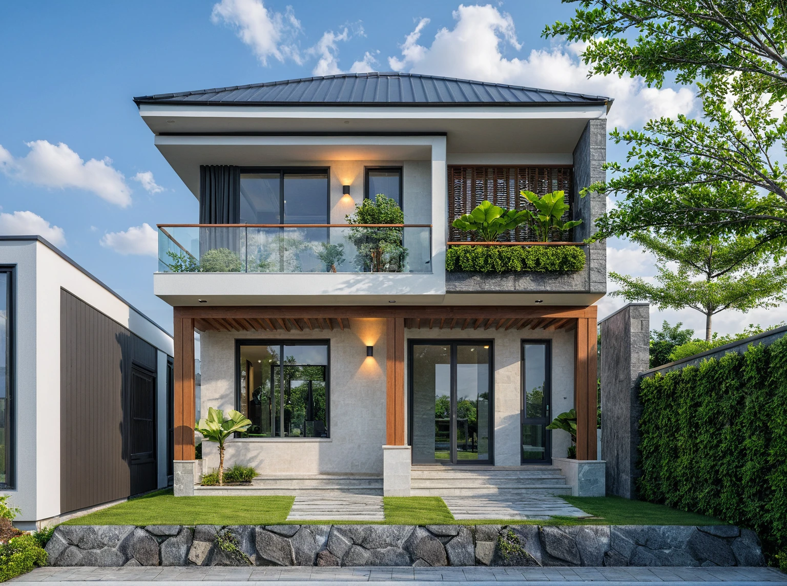 Masterpiece, high quality, best quality, 3d rendering, super detailed, outdoor, two-story villa, aiaigroup, modern house style on the street, stairs, white wall, accent wall Gray stone cladding on the left, road, sidewalk, grass, trees, sky, clouds, (daylight: 1.1)