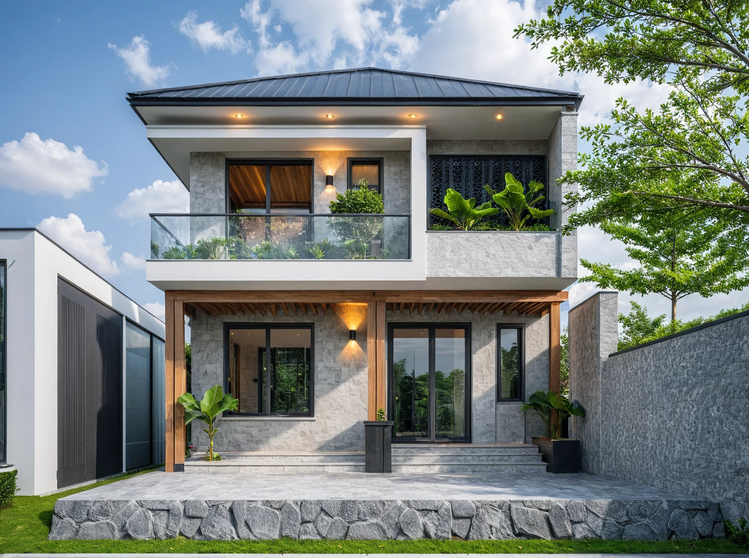 Masterpiece, high quality, best quality, 3d rendering, super detailed, outdoor, two-story villa, aiaigroup, modern house style on the street, stairs, white wall, accent wall Gray stone cladding on the left, road, sidewalk, grass, trees, sky, clouds, (daylight: 1.1)
