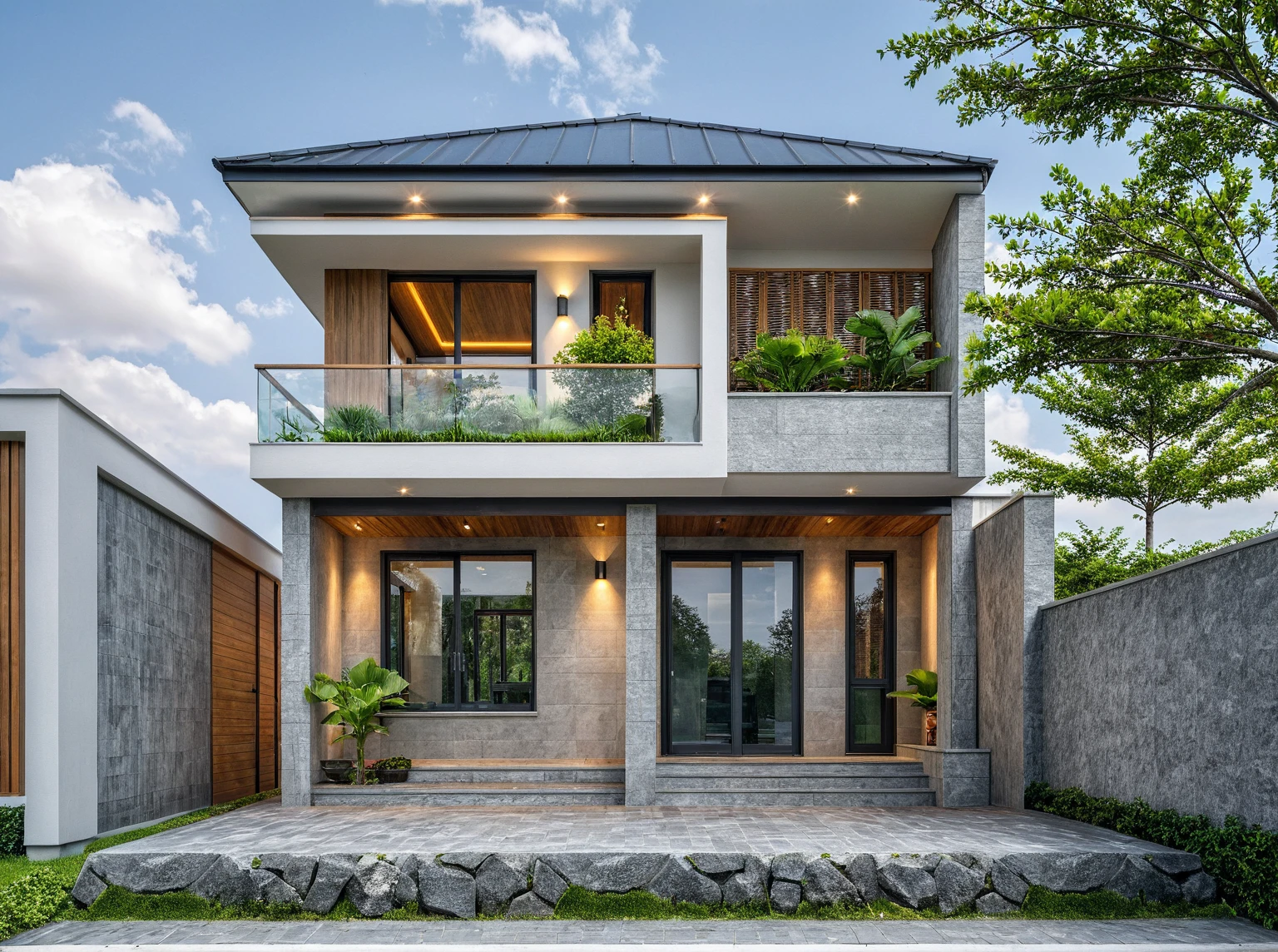 Masterpiece, high quality, best quality, 3d rendering, super detailed, outdoor, two-story villa, aiaigroup, modern house style on the street, stairs, white wall, accent wall Gray stone cladding on the left, road, sidewalk, grass, trees, sky, clouds, (daylight: 1.1)