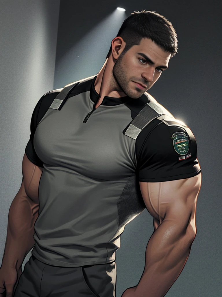 1 person, Solitary, 25 years old, chris redfield, Wearing a gray T-shirt, giggle, Shoulder black，bsaa logo on shoulder, Military tactical clothing, tall and big, Biceps, Abdominal muscles, Chest, best quality, masterpiece, high resolution:1.2, Upper body photo, Dark corridor with dark black background, Delicate face, shadow, Volumetric Lighting, Upper body photo, Low photographic angle，Short sleeve