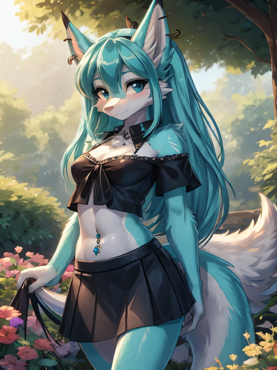 Chica anime, anime style, cute hatsune miku x suicune, shy girl , Orejas de Kitsune, arte de dark natasha, garden landscape, arte de vixen aztra, cuerpo completo, platas hermosas, cintura delgado, caderas amplias, piernas torneadas, hermosa, fullbody image, navel blouse, black skirt, navel piercing, ear piercing, navel tattoo
