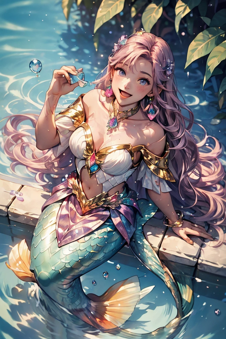 ((masterpiece, highest quality)), ((mermaid)),1 girl, pink wavy long hair, purple eyes, open mouth, smiling, happy, cute, shining crystal earrings, rainbow colors, looking at viewer, looking ahead, from above, underwater, bubbles, sunlight streaming in
