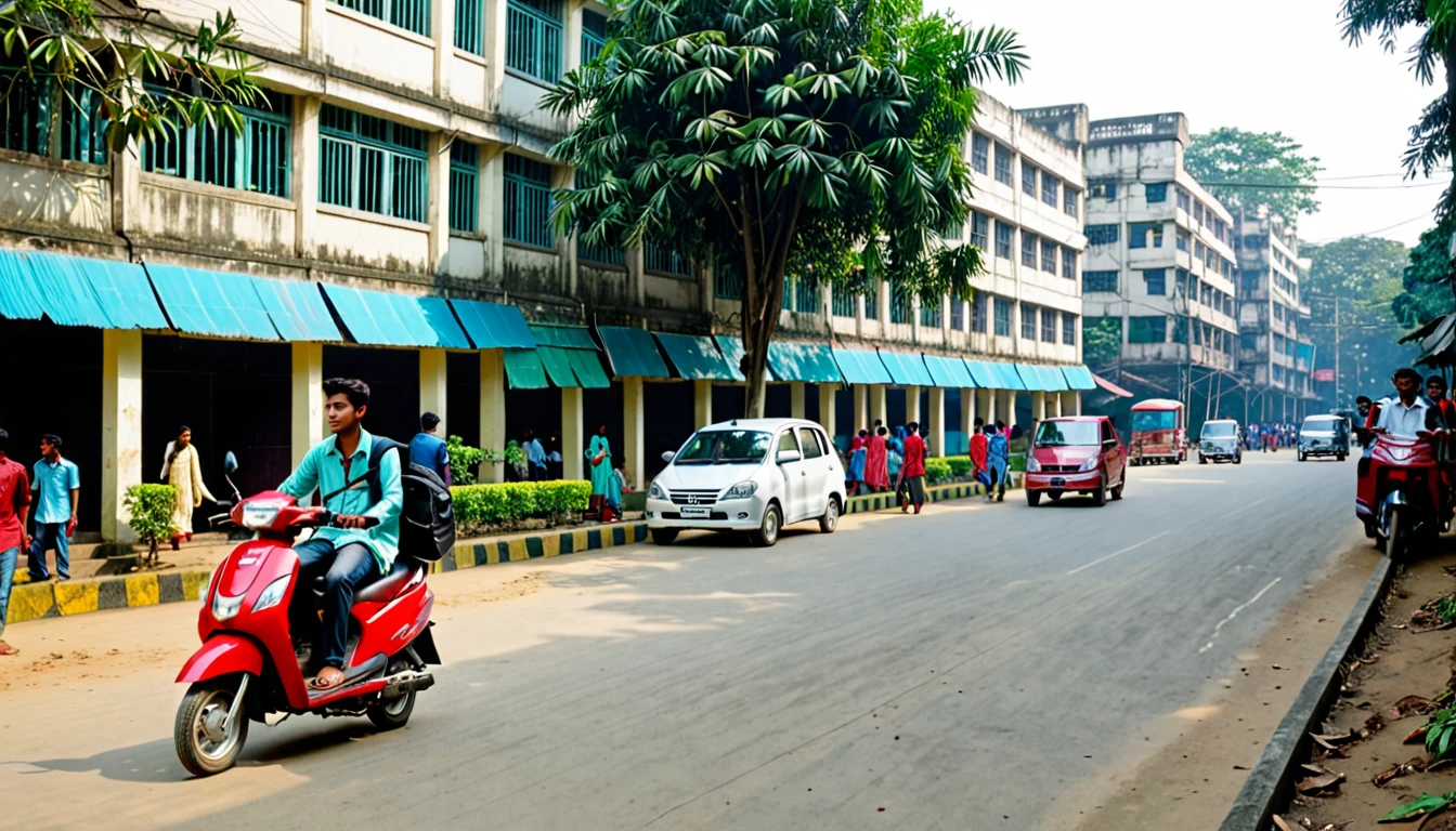 Establishing wide shot of college campus in Dhaka during the day. Mix of modern and traditional vehicles parked. In the foreground, a 20-year-old Bangladeshi man stands on the sidewalk, watching a girl on a red scooter. The atmosphere is lively and energetic.