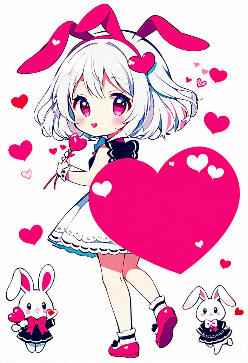 A cute girl with white hair, wearing an anime dress and bunny slippers holds a red heart-shaped candy in her mouth. She has pink wings on the back of her head, surrounded by hearts and little rabbits. The character design is in the style of anime with a white background and a full body portrait. --ar 2:3