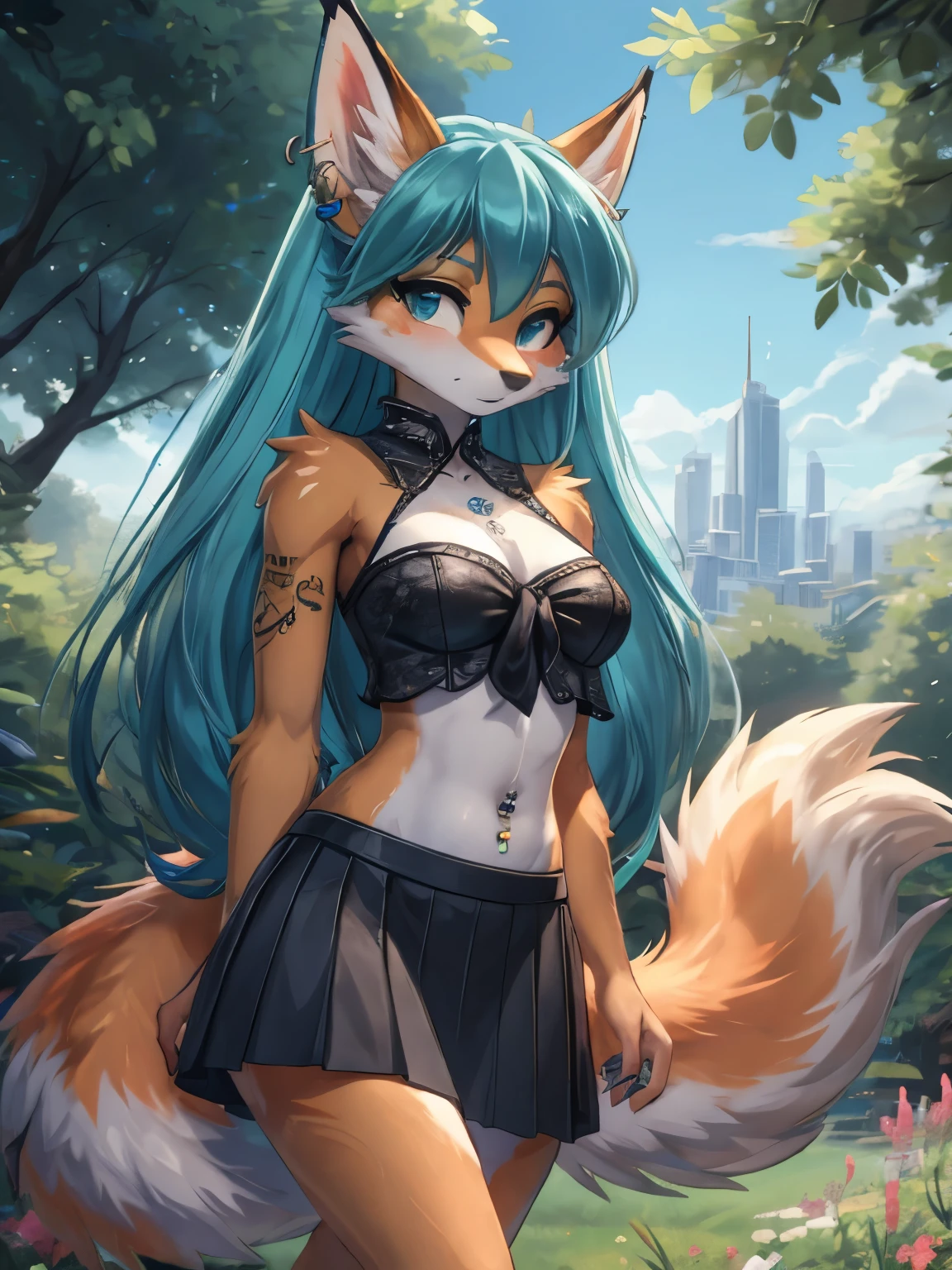 Chica anime, anime style, cute hatsune miku x suicune, shy girl , Orejas de Kitsune, arte de dark natasha, garden landscape, arte de vixen aztra, cuerpo completo, platas hermosas, cintura delgado, caderas amplias, piernas torneadas, hermosa, foto de cuerpo completo, navel blouse, black skirt, navel piercing, ear piercing, navel tattoo, timid pose, hands back