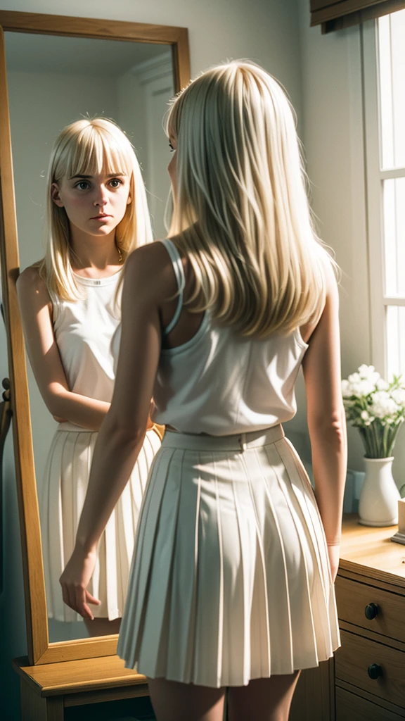 RAW photo of pretty, white, 24yo woman, 1girl (nude:0.9), bleached blonde hair, dark eyebrows, bangs,  indoors, mirror, skirt, pleated skirt, reflection, from behind, looking at mirror, high quality, film grain,  