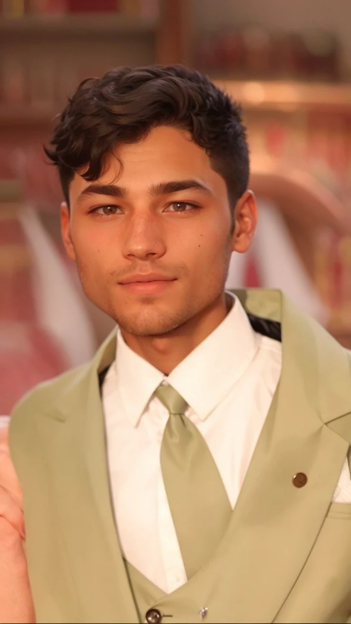 23-year-old Caucasian man with a height of 1.75 meters. He has short, black hair. Additionally, he sports a well-groomed short beard that complements his look. He is a scientist who wears normal clothes with white lab coat. A noticeable burn scar graces his left hand