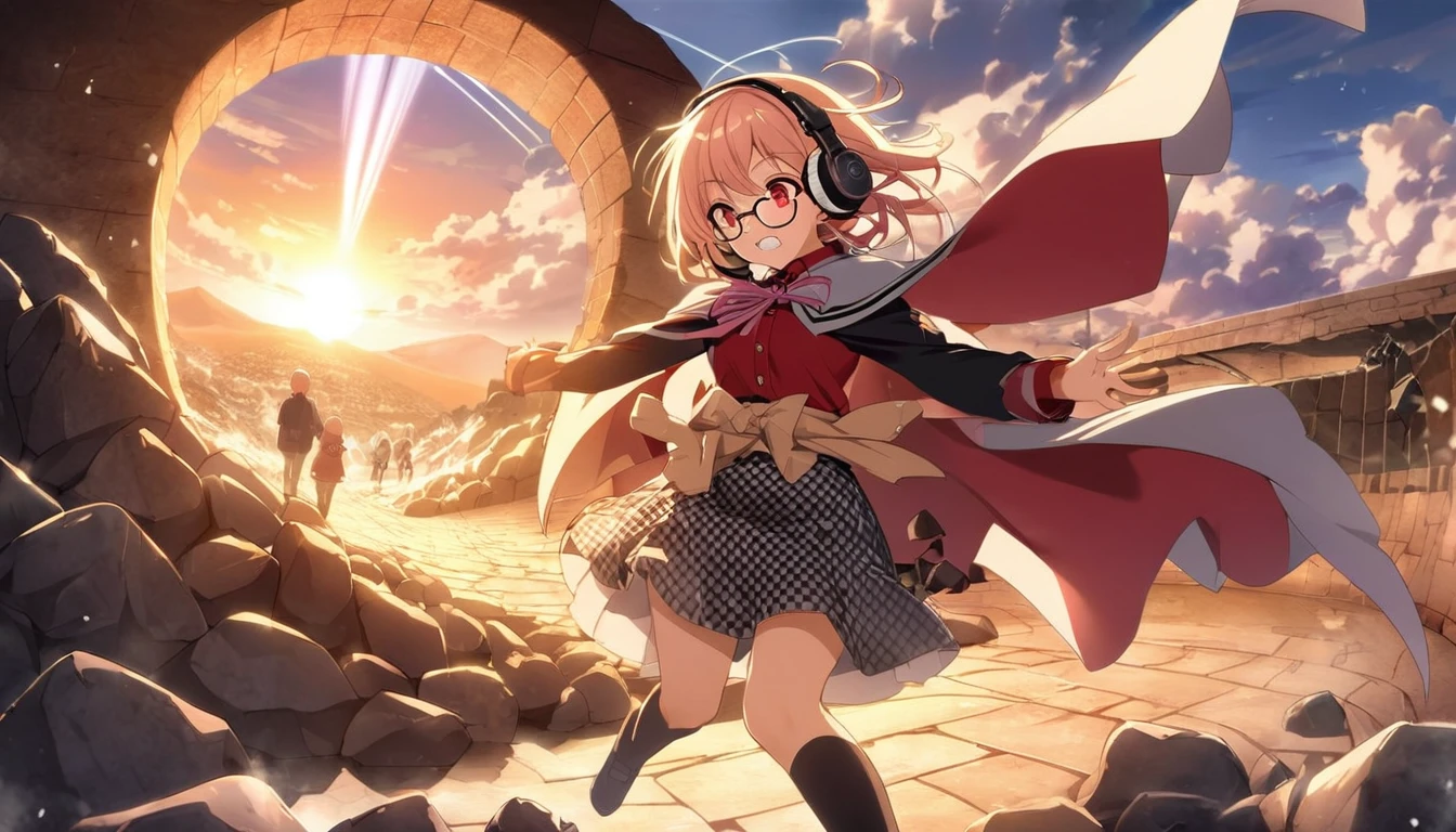 Pink gold golden hair、Red eyes、One good looking girl、solo、anime、Checkered mini skirt、The skirt has buttons、Red T-shirt、Long sleeve、China、Cape、Black knee-high socks、Wearing headphones、Wearing a ribbon、Ribbon on waist、Tilting face、Teeth are visible、tunnel、Sunset sky、The rocks are exploding、Snow is piled up、Rocky Mountain、The clouds are breaking through、Contrail、Medusa、Glasses、Cube