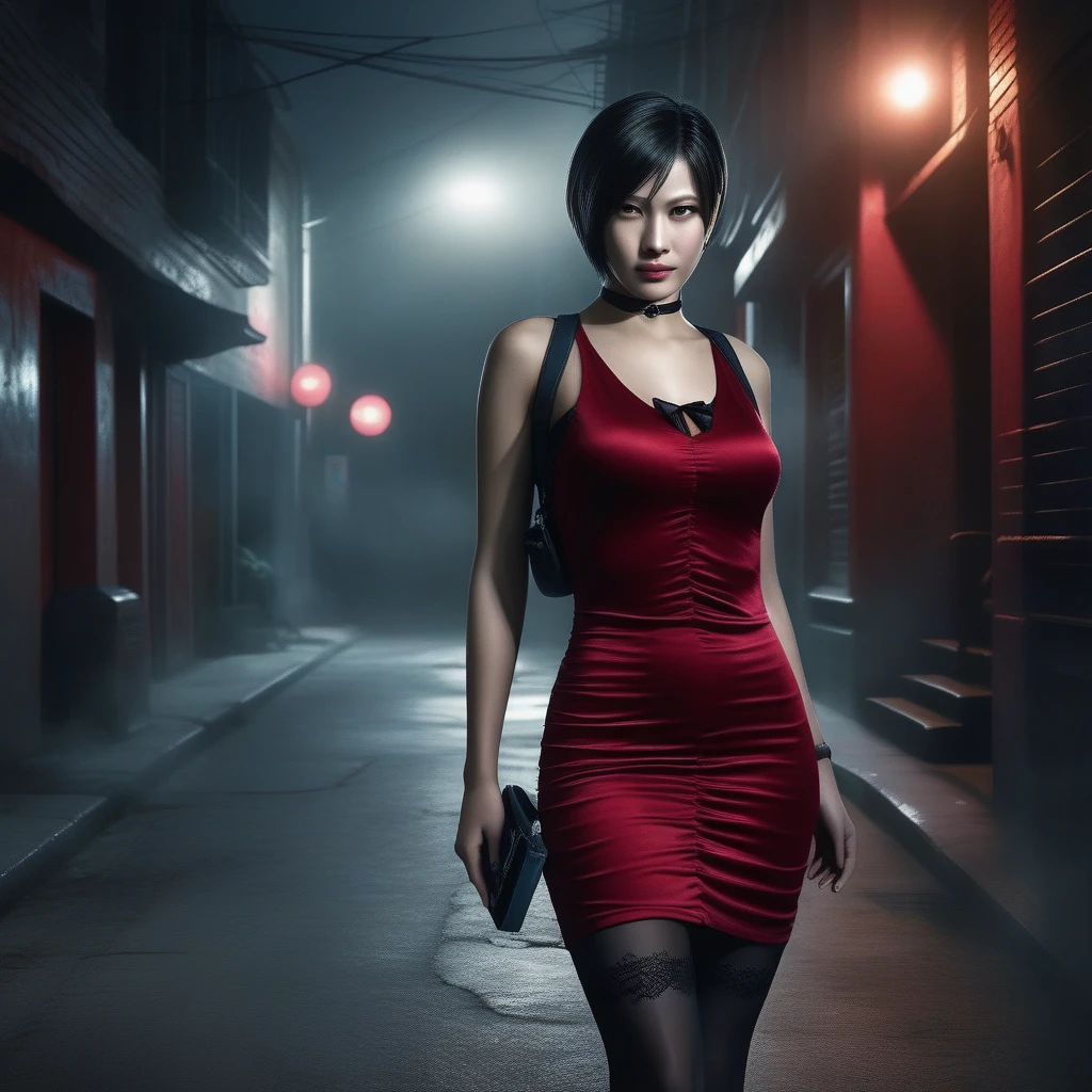 Ultra-realistic and extremely detailed real-life 8k masterpiece of a beautiful Asian woman re ada wong wearing a black pantyhose re2 style dress in a dark alley at night, extremely detailed facial features, dark and scary epic lighting, horror composition