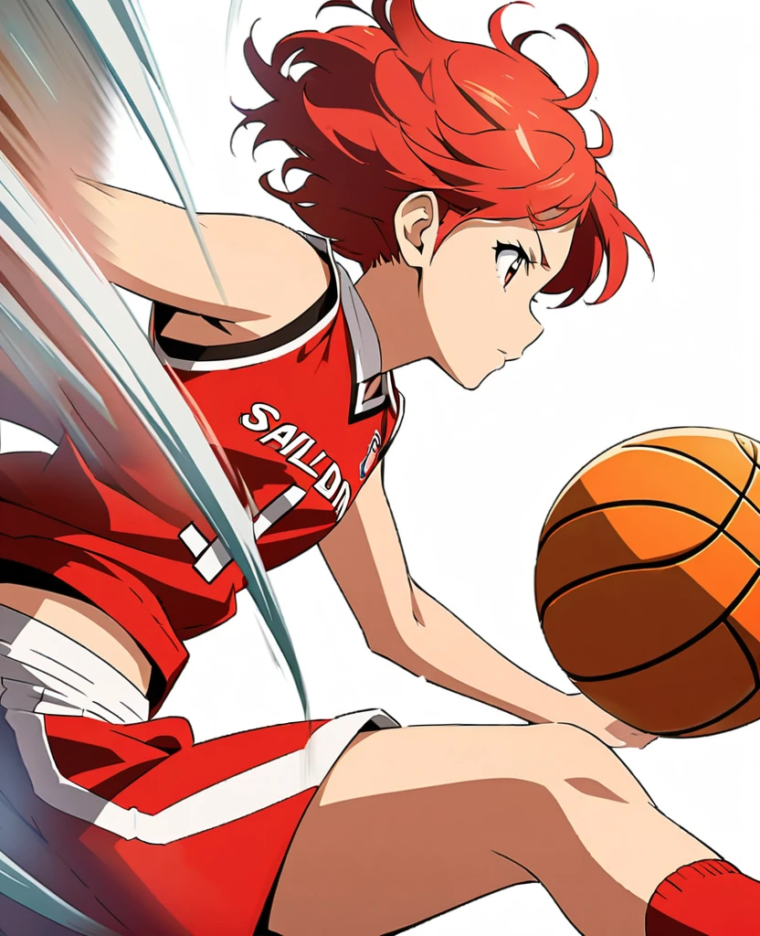 (blur:1.3), anime style, super fine illustration, highly detailed, dynamic angle, beautiful detailed,tween athlete, Red-haired girl, Extra-short hair, red basketball uniform, (Mid-air slam dunk),Red shoes,profile, High-Resolution Masterpiece, Detailed face, (white background),