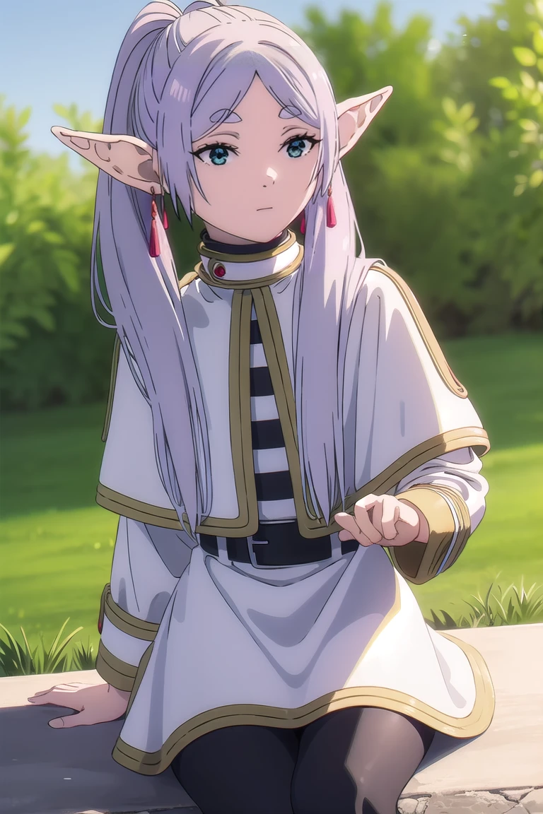 to freeze, to freeze, long hair, ponytail, (green eyes:1.5), White hair, pointed ears, elf,
BREAK shirt, Long sleeves, jewelry, tights, Earrings, striped, black tights, lure, striped shirt,
BREAK looking at viewer, upper body, whole body,
BREAK outdoors, sky, nature,
BREAK (masterpiece:1.2), Best quality, A high resolution, unity 8k wallpaper, (illustration:0.8), (beautiful detailed eyes:1.6), very detailed face, Ideal lighting, extremely detailed computer graphics, (Perfect hands, Ideal Anatomy),
