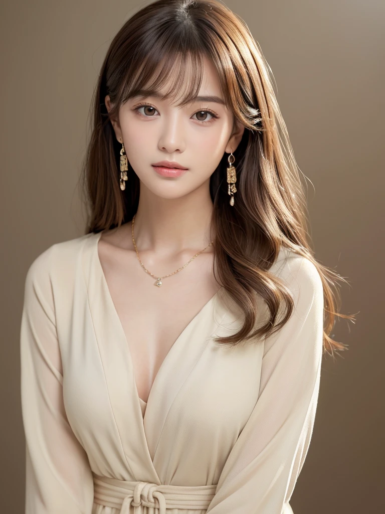 ((Highest quality, 8K, masterpiece:1.3)), concentrate: 1.2, Perfect body beauty: 1.4, Hips: 1.2, ((Long Hair, chest: 1.2)), (Dry clothes: 1.1) , (clear, Simple Background:1.3), Simple clothes: 1.1, Highly detailed face and skin texture,Delicate eyes, double eyelid, Whitened skin, Rough skin、Long Hair、Earrings with bangs、necklace、 solo、Beige coat、White shirt, (((Beautiful girl with cute Japan)))、 ((Beautiful Japanese girl 20 years old))、 ((Baby Face))、 (((Slender body)))、 Upper Body,Face focus、necklace,Simple Background,From above, Realistic Hair、 A photograph was taken:Canon EOS R6、135mm、1/1250 seconds、f2.8、ISO400、(Detailed explanation of the hand)、(Masseter muscle area)、(Exquisite CG)、Long Hair, loose and curly hair、Korean Hair、Long Hair明るいベージュ色、グラデーションハイライトグレージュのゆるふわLong Hairスタイル、