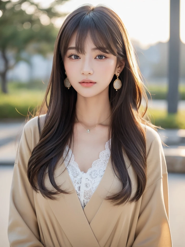 ((Highest quality, 8K, masterpiece:1.3)), concentrate: 1.2, Perfect body beauty: 1.4, Hips: 1.2, ((Long Hair, chest: 1.2)), (Dry clothes: 1.1) , (clear, Simple Background:1.3), Simple clothes: 1.1, Highly detailed face and skin texture,Delicate eyes, double eyelid, Whitened skin, Rough skin、Long Hair、Earrings with bangs、necklace、 solo、Beige coat、White shirt, (((Beautiful girl with cute Japan)))、 ((Beautiful Japanese girl 20 years old))、 ((Baby Face))、 (((Slender body)))、 Upper Body,Face focus、necklace,Simple Background,From above, Realistic Hair、 A photograph was taken:Canon EOS R6、135mm、1/1250 seconds、f2.8、ISO400、(Detailed explanation of the hand)、(Masseter muscle area)、(Exquisite CG)、Long Hair, loose and curly hair、Korean Hair、Long Hair明るいベージュ色、グラデーションハイライトグレージュのゆるふわLong Hairスタイル、