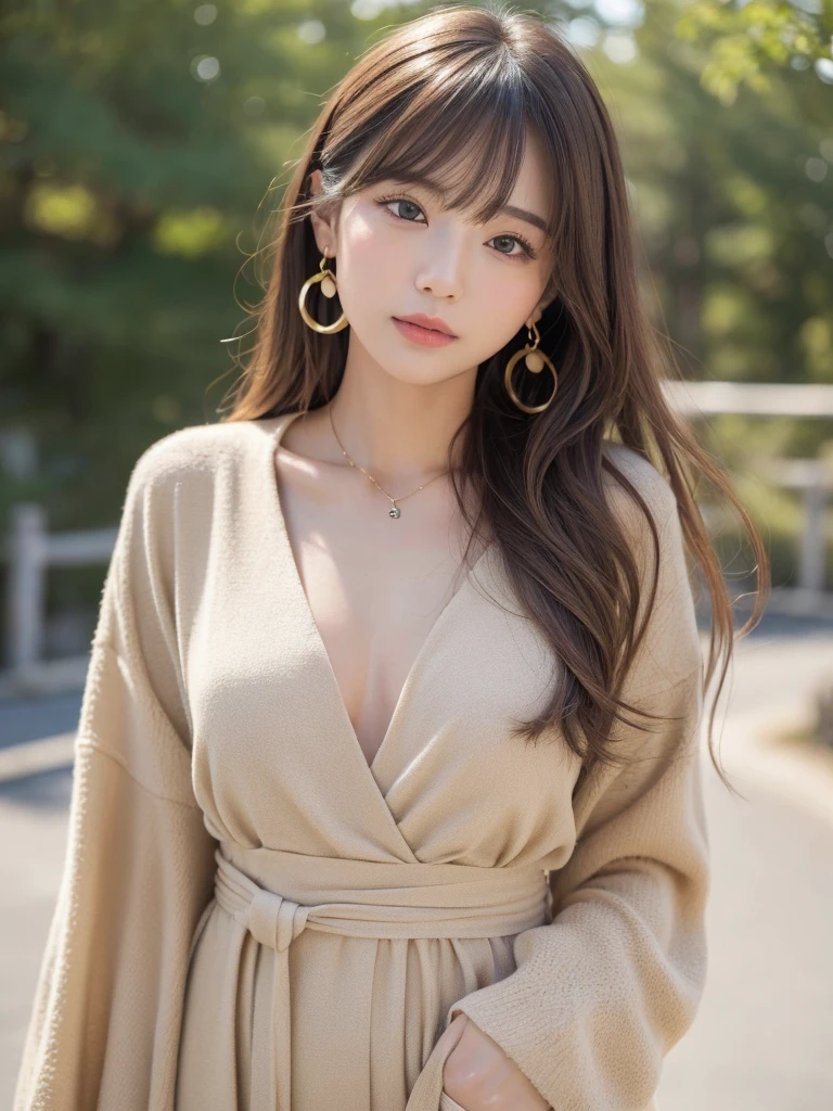  ((Highest quality, 8K, masterpiece:1.3)), concentrate: 1.2, Perfect body beauty: 1.4, Hips: 1.2, ((Long Hair, chest: 1.2)), (Dry clothes: 1.1) , (clear, Simple Background:1.3), Simple clothes: 1.1, Highly detailed face and skin texture,Delicate eyes, double eyelid, Whitened skin, Rough skin、Long Hair、Earrings with bangs、necklace、 solo、Beige coat、White shirt,  (((Beautiful girl with cute Japan)))、  ((Beautiful Japanese girl 20 years old))、 ((Baby Face))、 (((Slender body)))、  Upper Body，Face focus、necklace，Simple Background，From above， Realistic Hair、 A photograph was taken:Canon EOS R6、135mm、1/1250 seconds、f2.8、ISO400、(Detailed explanation of the hand)、(Masseter muscle area)、(Exquisite CG)、Long Hair, loose and curly hair、Korean Hair、Long Hair明るいベージュ色、グラデーションハイライトグレージュのゆるふわLong Hairスタイル、