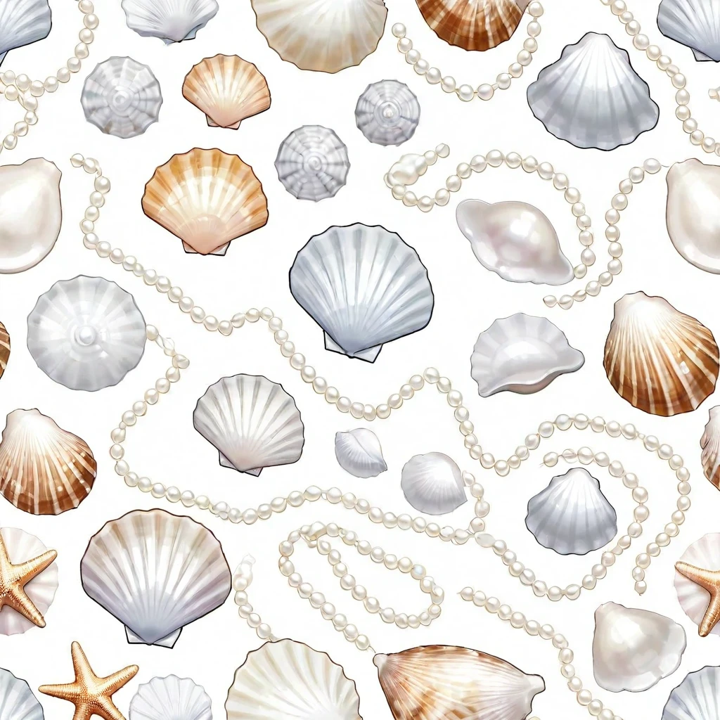 seamless seashell and pearls on a white background, pearls and shell, seashell, Ocean pattern, shell, wearing shell attire, shell and barnacles, pearls and oyesters, shell, shell, Seaside background, Repeating Pattern, Anemones and Starfish, graphic printing, repeating fabric pattern, Repeating pattern, Seamless pattern design