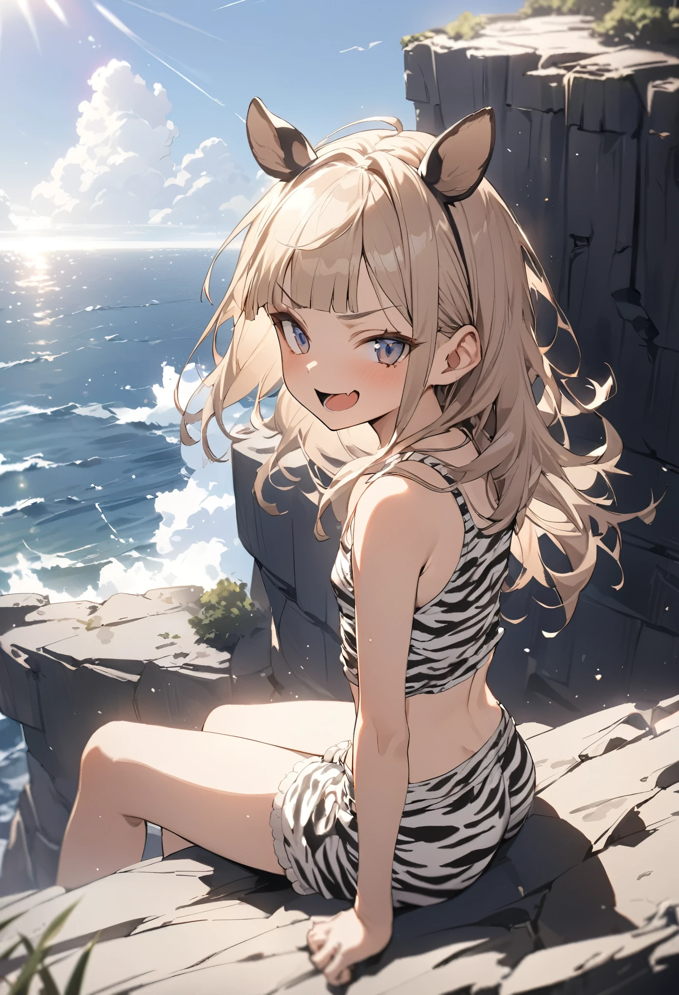 ((Masterpiece)), ((best quality)), (Anime:1.4), (super detail:1.2), (High Definition:1.3), (Professional Photography:1.3), (wide shot), (sharp focus), (perfect light), from side, (()), ((1girl)), morning, ((wearing zebra-patterned tanktop)), fluffy shorts, cinematic lighting, Textured skin, messy hair, (loose blunt bangs), teenage girlalthy stomach, (Healthy slim body), small breasts, cute eyes, ((Smug)), (open mouth), (put on zebra ears), pale brown hair, Cute Beautiful girl, Thin accessories, Sitting on the cliff, ((Cliffs over 100 meters above sea level)), raging waves,