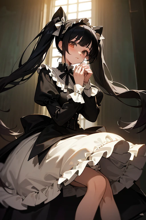 She has a shy expression, her legs are spread, and her hands are covering her crotch. (Masterpiece, best quality:1.3), (anime-style girl), (black hair twintails), (Lolita fashion), (gothic dress), (adorable pose), (detailed background), (soft lighting)