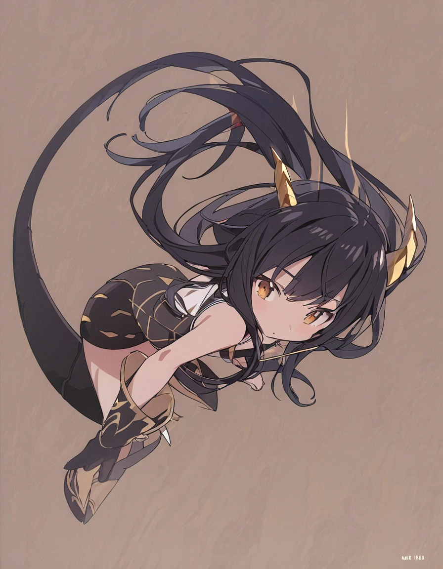 Dragon girl with crystal　golden horn　Black Hair　Dragon's tail