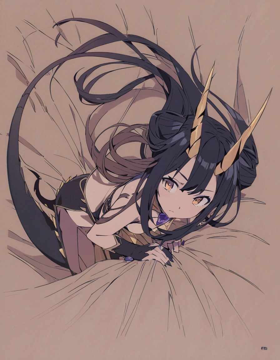 Dragon girl with crystal　golden horn　Black Hair　Dragon's tail