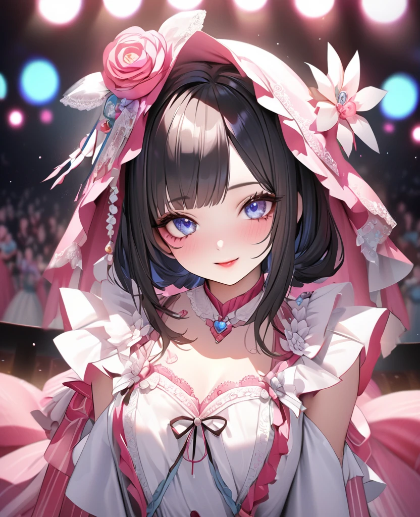 One Girl、Looking at the audience、Her name is Mei,
Beautiful Blue Eyes、Black hair、Pink streaked hair, bangs, Mole under the eye、Plump and glossy lips、Heart-shaped choca、Idol、smile、ー、。.。.。.。.。.。.。.。.。.。.。.。.。.。.。.。.。.。.3D、Realistic、
Sexy dress with too many frills、Drape clothes、gem、The decoration has been removed、Floral、Lace trim、bright stage、
masterpiece、highest quality、8k、Detailed skin texture、Detailed cloth texture、Beautifully detailed face、Intricate details、Very detailed、
超A high resolution、8K Ultra HD、Film Grain、Best Shadow、delicate、Staring at the audience、front