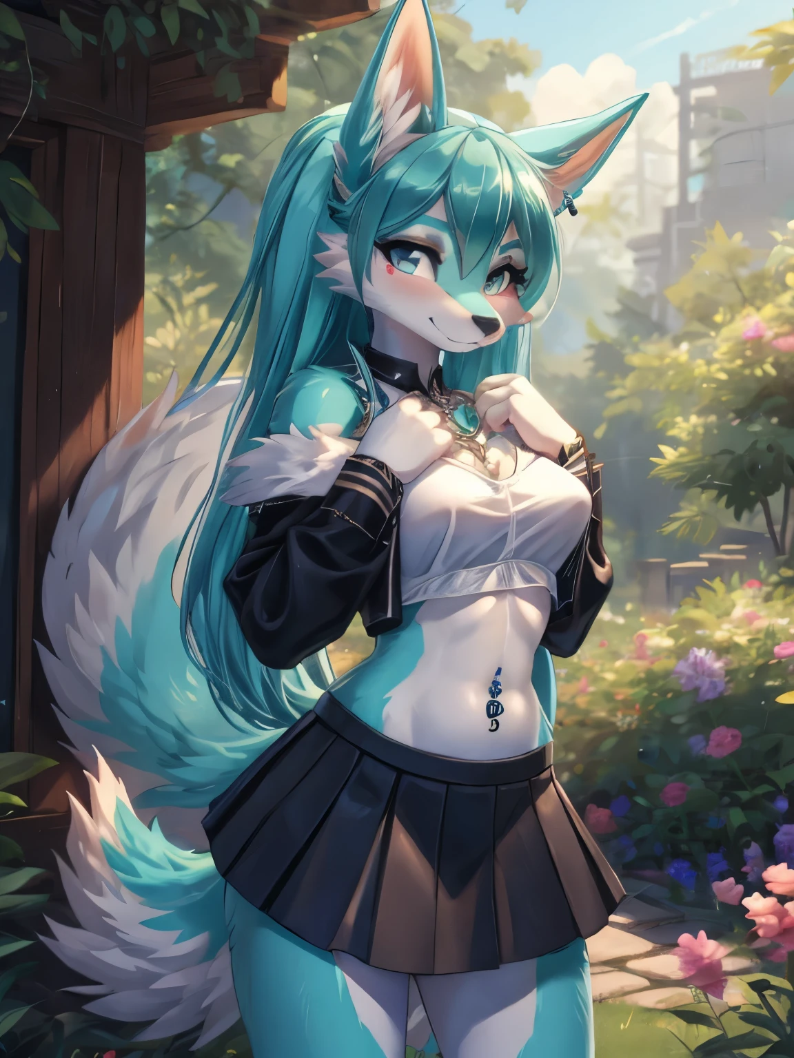 Chica anime, anime style, cute hatsune miku x suicune, shy girl , Orejas de Kitsune, arte de dark natasha, garden landscape, arte de vixen aztra, cuerpo completo, platas hermosas, cintura delgado, caderas amplias, piernas torneadas, hermosa, foto de cuerpo completo, navel blouse, black skirt, navel piercing, ear piercing, navel tattoo, timid pose, back pose, doggy style