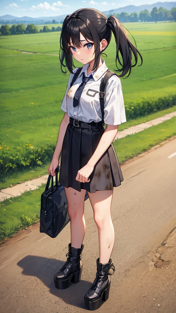 young country , tall open-toed platform high heels, countryside, dirt road, black hair in pigtails, dirty, shredded clothes
