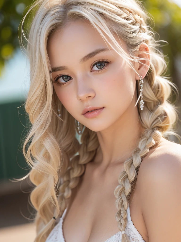 (Tabletop:1.4, Photorealistic:1.4, 8k), Highest quality, masterpiece, Ultra-high resolution, Perfect dynamic composition, Big Face、Round face、((Platinum Blonde Hair:1.2、Long Curly Hair, Braiding))、Highly detailed skin and facial textures:1.3, Limb details, 1 Girl, Cute sexy 22 year old woman, (Sunburned skin:1.0), Tilt&#39;head, ((Totally captivates you:0.9)), ((school uniform、Zippered mini skirt)),Medium Chest, (avert your eyes、Beautiful Eyes, blue eyes、Beautiful erotic eyes:0.85), Sexy Face:0.4, (Mouth closed、Small Mouth、Thick lips、A taste of beautiful eroticism:0.85), ((Too cute beauty:0.9))、Gal Makeup、((Extreme close up)),(((big breasts))), (((cleavage))), (((underwear))), ((T-back)), ((High quality)),((whole body)),(((Full body image))),((((((small underwear))))))