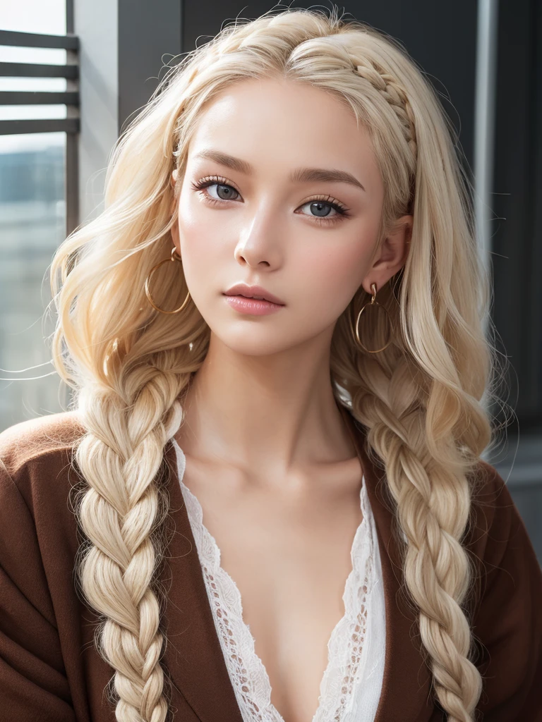 Caucasian model at , close-up, masterpiece, top quality, raw photo, photorealistic, face, incredibly ridiculous, beautiful girl, cute, detailed eyes, hairstyle with braids side arrangement, hair is tied together and worn on the shoulders, depth of field, high resolution, ultra detail, fine detail, very detailed, very detailed eyes and face, sharp pupils, realistic pupils, Sharp Focus, Cinematic lighting , Cohesive hairstyle, Blonde, Clean clothing, Face close-up, Masterpiece, Realistic skin texture, Ultra detailed, Lustrous hair and skin