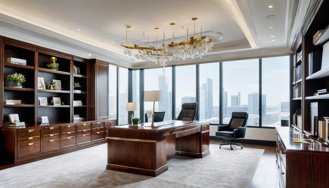 A wide-angle shot of a high-end CEO office, showcasing luxurious materials and abundant natural light. A large, impressive desk is the focal point, with a backdrop of elegant filing cabinets and sophisticated decor. The office space is both functional and stylish, epitomizing success and elegance