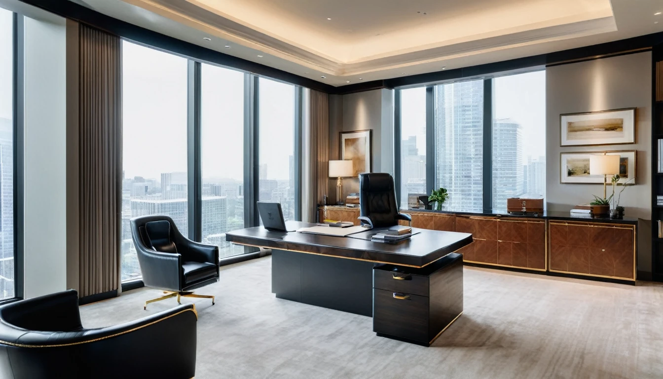 A wide-angle shot of a high-end CEO office, showcasing luxurious materials and abundant natural light. A large, impressive desk is the focal point, with a backdrop of elegant filing cabinets and sophisticated decor. The office space is both functional and stylish, epitomizing success and elegance