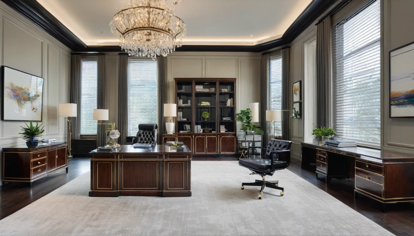 A wide-angle shot of a high-end CEO office, showcasing luxurious materials and abundant natural light. A large, impressive desk is the focal point, with a backdrop of elegant filing cabinets and sophisticated decor. The office space is both functional and stylish, epitomizing success and elegance