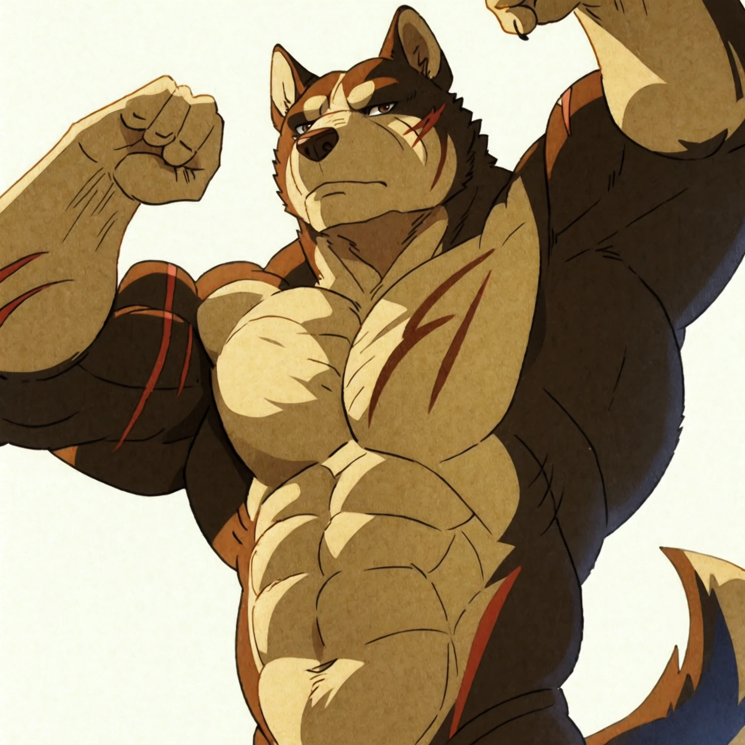 riki, detailed scars, brown fur, male, masculine, anthro body, half body, (muscular arms, muscular neck, lats, pectorals, biceps, triceps):1.2, heavyweight, fists, detailed, high quality, best resolution, cel shaded, solo, (no background, white background):1.5, dog ears, by wfa, by seibear, by rossciaco, by taran fiddler, by echin:0.5, cel shaded, brown eyes, detailed eyes, looking at viewer, stern face, flexing arms, flexing muscles