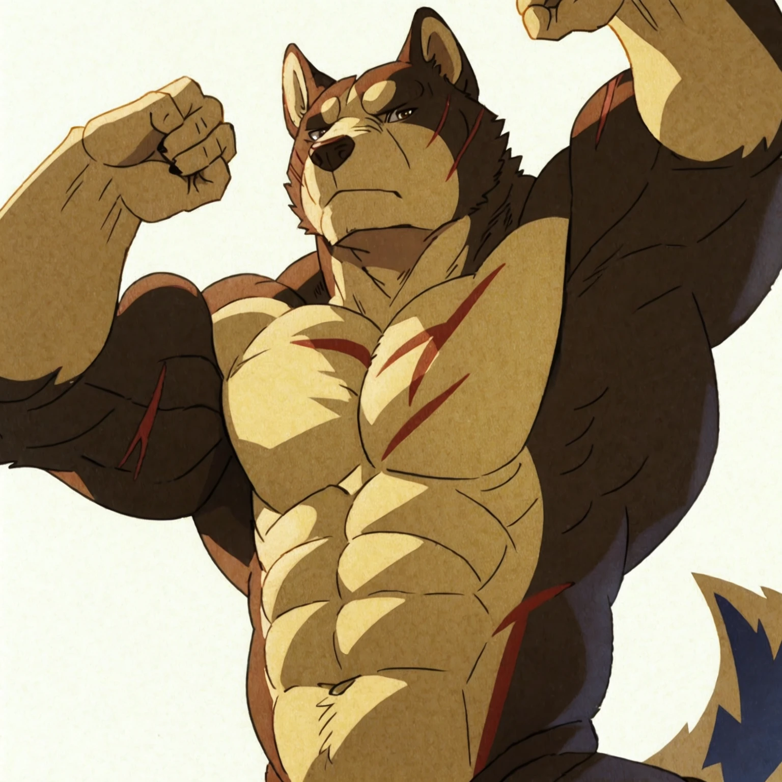 riki, detailed scars, brown fur, male, masculine, anthro body, half body, (muscular arms, muscular neck, lats, pectorals, biceps, triceps):1.2, heavyweight, fists, detailed, high quality, best resolution, cel shaded, solo, (no background, white background):1.5, dog ears, by wfa, by seibear, by rossciaco, by taran fiddler, by echin:0.5, cel shaded, brown eyes, detailed eyes, looking at viewer, stern face, flexing arms, flexing muscles