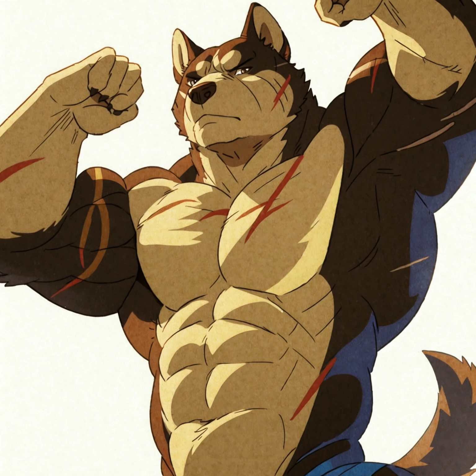 riki, detailed scars, brown fur, male, masculine, anthro body, half body, (muscular arms, muscular neck, lats, pectorals, biceps, triceps):1.2, heavyweight, fists, detailed, high quality, best resolution, cel shaded, solo, (no background, white background):1.5, dog ears, by wfa, by seibear, by rossciaco, by taran fiddler, by echin:0.5, cel shaded, brown eyes, detailed eyes, looking at viewer, stern face, flexing arms, flexing muscles