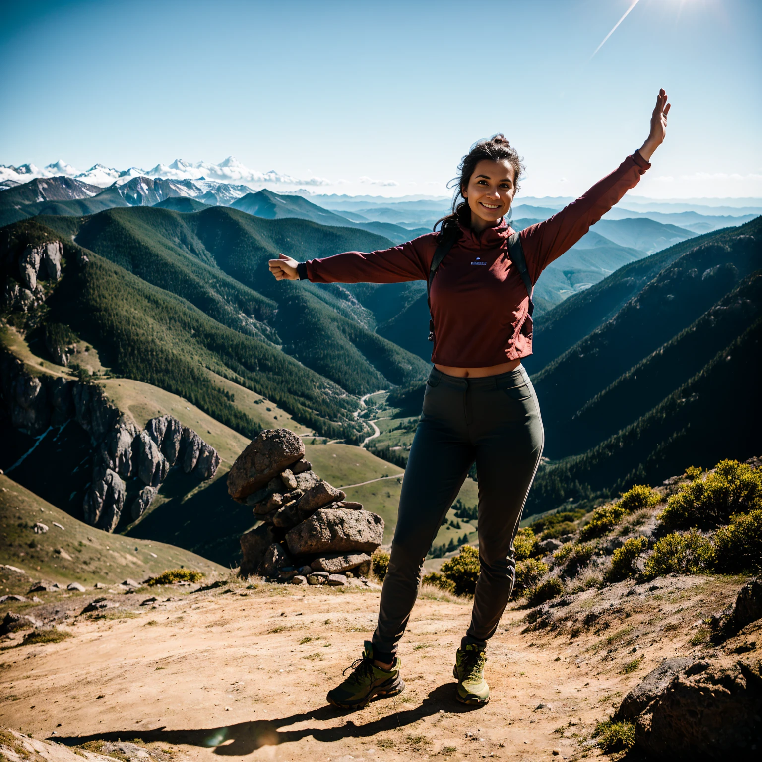 A woman in her early 30s, dressed in hiking gear, standing on a mountain peak overlooking a vast landscape, her arms outstretched in a gesture of triumph and freedom. A hyperrealistic award winning studio photography full contrast pro color grading soft shadow clean sharp focus film photography.