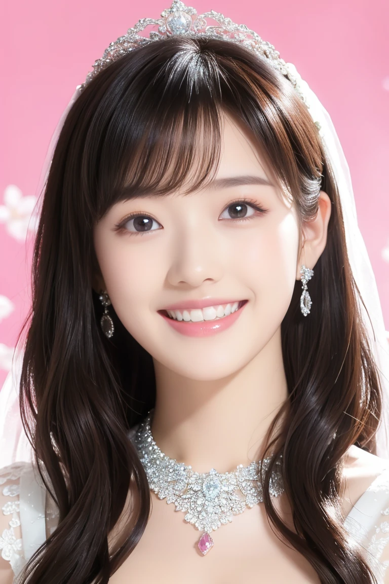 (Highest quality、Tabletop、8k、Best image quality、Award-winning works)、One beautiful bride、(alone:1.1)、(The most extravagant and gorgeous huge pure white wedding dress:1.1)、(Perfect Wedding Lace:1.2)、(The most gorgeous and luxurious giant tiara:1.3)、(The most extravagant and luxurious giant necklace:1.3)、(Huge jeweled tiara:1.3)、(Large Breastsの谷間:1.2)、(Large Breasts:1.2)、Smiling widely and showing off beautiful teeth、Look at me with your best smile、The finest jewellery decoration、Perfect Makeup、Long eyelashes、Ultra HD Shining Eyes、Ultra HD Hair、Ultra-high resolution glossy lips、Ultra High Resolution Perfect Teeth、Super high resolution beautiful face、(Accurate anatomy:1.1)、Very bright and beautiful skin、very bright and vivid、Beautiful glossy lips、Perfect beautiful bridal hairstyles、(Front facing body:1.1)、(Solid pink background:1.2)、(Upper body photo:1.3)