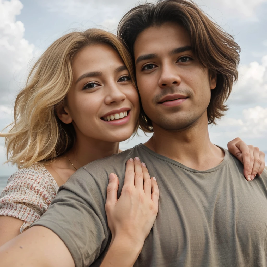 A low angle selfie image of a blonde woman hugs his husband. they wear a nice t-shirt and sundress, and they has a determined expression, looking towards the subject. smiles and laugh each other slightly. The background features a cloudy seashore beach, 8k, ultra realistic, high def, dynamic gesture, cinematic, studio light, enhanced image, detailed features, cinema, indoors, realistic, photorealistic, 4k, high resolution, detailed textures, dramatic lighting, vibrant colors sdxl tubro -ideo x 2 - leo - bing, ultra realistic, high def, cinematic light, amid colorful lights and bokeh effects, photo realistic, cinematic, movie still, summer vibes, captured in the style of Sony Alpha A7 III camera --ar 2:3 --s 500 --v 6.0, perfect finger perfect eye,