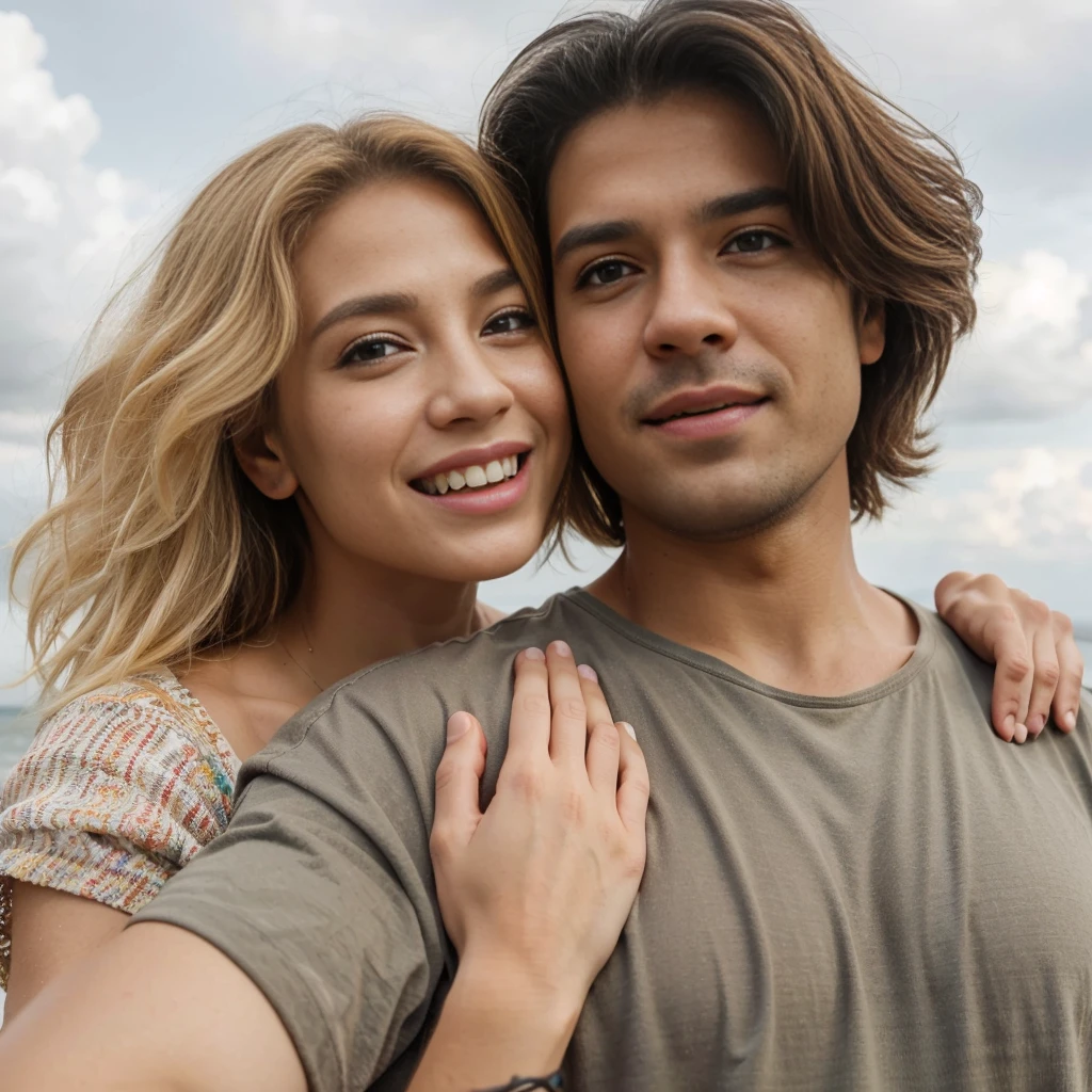 A low angle selfie image of a blonde woman hugs his husband. they wear a nice t-shirt and sundress, and they has a determined expression, looking towards the subject. smiles and laugh each other slightly. The background features a cloudy seashore beach, 8k, ultra realistic, high def, dynamic gesture, cinematic, studio light, enhanced image, detailed features, cinema, indoors, realistic, photorealistic, 4k, high resolution, detailed textures, dramatic lighting, vibrant colors sdxl tubro -ideo x 2 - leo - bing, ultra realistic, high def, cinematic light, amid colorful lights and bokeh effects, photo realistic, cinematic, movie still, summer vibes, captured in the style of Sony Alpha A7 III camera --ar 2:3 --s 500 --v 6.0, perfect finger perfect eye,
