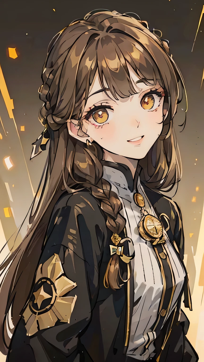 Woman , FOV, f1.8, masterpiece, front portrait shot, black and gold casual modern clothing, plain gold colored background, smiling, front bangs, braid on the left side of hair, ( Woman))( ( golden colored eye in the right eye) ) ( (dark gray eye in the left eye) ) ( ( star-shaped pupil in the left eye) ), ( ( dark brown hair in the half right side of hair) ), ( (light brown hair in the half left side of hair ) ), ( (split dyed hair ) ) , star shaped eye pupil, white colored eye pupil, full front bangs, standing half body image