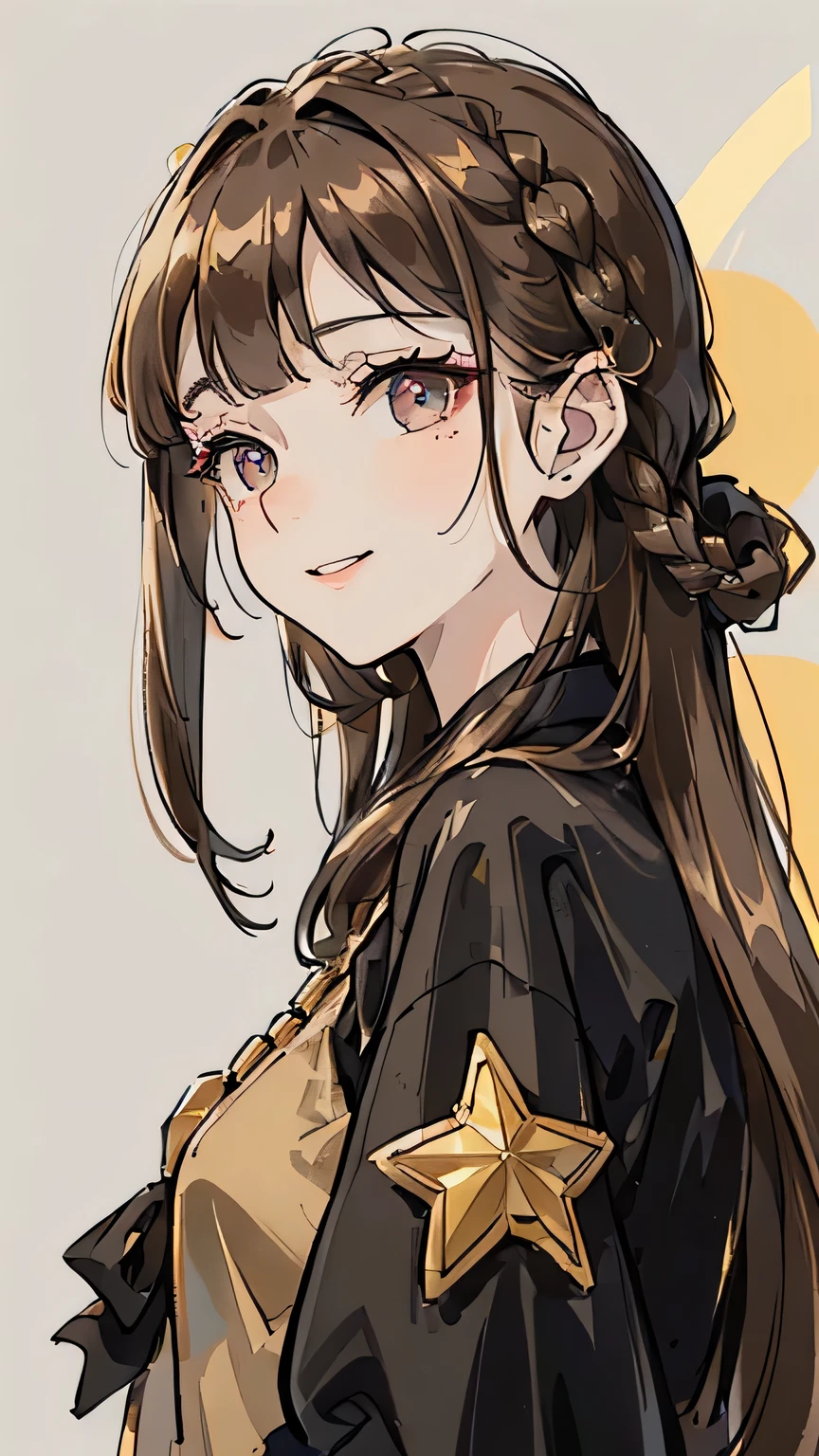 Woman , FOV, f1.8, masterpiece, front portrait shot, black and gold casual modern clothing, plain gold colored background, smiling, front bangs, braid on the left side of hair, ( Woman))( ( golden colored eye in the right eye) ) ( (dark gray eye in the left eye) ) ( ( star-shaped pupil in the left eye) ), ( ( dark brown hair in the half right side of hair) ), ( (light brown hair in the half left side of hair ) ), ( (split dyed hair ) ) , star shaped eye pupil, white colored eye pupil, full front bangs, standing half body image