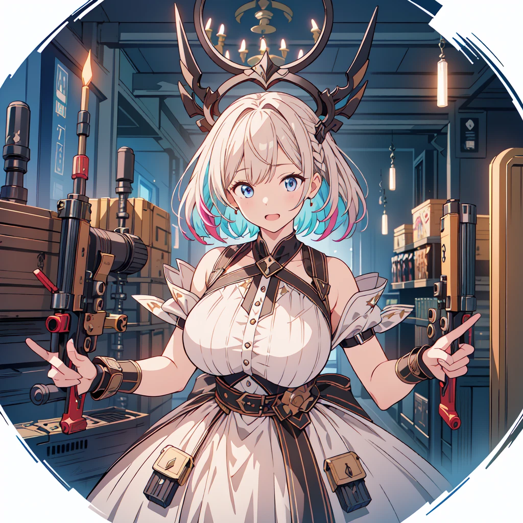 (masterpiece, best_quality, ultra-detailed, immaculate:1.3), epic, illustration, mountain dragoon lord , pauldrons, light slate gray hair with sunset highlights, Tri-Braided Bun,swept bangs, crossed ankles, in cherry blossom, mad scientist's downtown Tokyo, in a steampunk factory, bombshell hair, neon blonde hair, Slicked Back Hair,parted bangs, arm at side / arms at sides